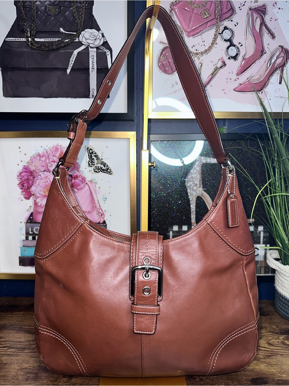 Vintage Coach Soho Burnished Leather Buckle Hobo Bag Brown F12601